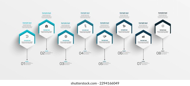 Plantilla de diseño infográfico con 8 opciones, pasos o procesos. Se puede utilizar para diseño de flujo de trabajo, diagrama, informe anual, diseño web