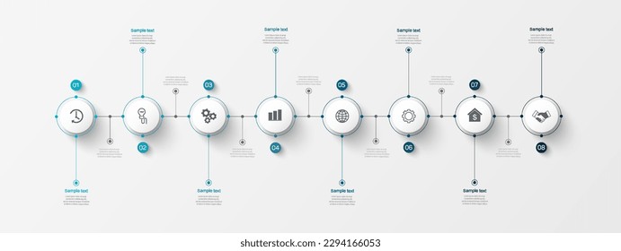 Infografische Design-Vorlage mit 8 Optionen, Schritten oder Prozessen. Kann für Workflow-Layout, Diagramm, Jahresbericht, Webdesign verwendet werden