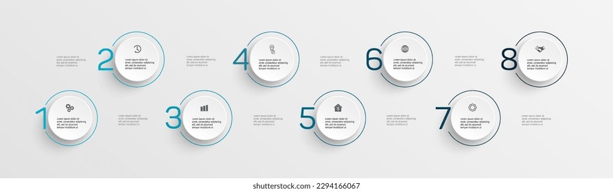 Plantilla de diseño infográfico con 8 opciones, pasos o procesos. Se puede utilizar para diseño de flujo de trabajo, diagrama, informe anual, diseño web