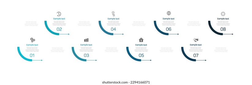 Plantilla de diseño infográfico con 8 opciones, pasos o procesos. Se puede utilizar para diseño de flujo de trabajo, diagrama, informe anual, diseño web