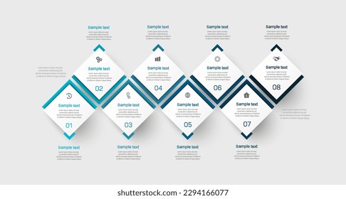Plantilla de diseño infográfico con 8 opciones, pasos o procesos. Se puede utilizar para diseño de flujo de trabajo, diagrama, informe anual, diseño web