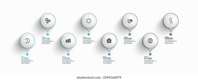 Infographic design template with 8  options, steps or processes. Can be used for workflow layout, diagram, annual report, web design