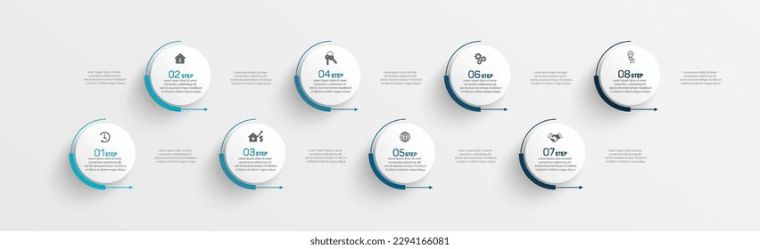 Infographic design template with 8  options, steps or processes. Can be used for workflow layout, diagram, annual report, web design