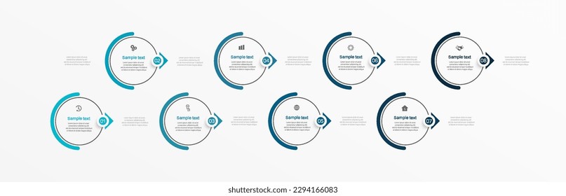 Plantilla de diseño infográfico con 8 opciones, pasos o procesos. Se puede utilizar para diseño de flujo de trabajo, diagrama, informe anual, diseño web