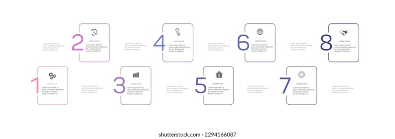Plantilla de diseño infográfico con 8 opciones, pasos o procesos. Se puede utilizar para diseño de flujo de trabajo, diagrama, informe anual, diseño web