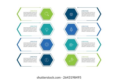 Plantilla de diseño infográfico con 8 opciones, pasos o procesos. Puede ser utilizado para el diseño del flujo de trabajo, diagrama, informe anual, Diseño web