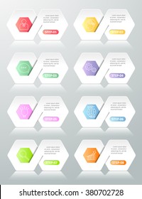 Infographic design template 8 options. Can be used for workflow layout, diagram, number, options, steps, process