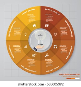 Infographic design template 8 options pie chart and business concept. Can be used for work flow layout, diagram, number options. EPS10.