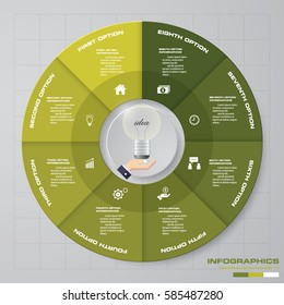 Infographic design template 8 options pie chart and business concept. Can be used for work flow layout, diagram, number options. EPS10.