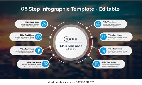 Infographic Design Template - 8 Steps. Graph, Pie chart, workflow layout, cycling diagram, brochure, report, presentation, web design. Editable Vector illustration