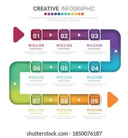 Plantilla de diseño infográfico con 9 opciones, Puede utilizarse para el diagrama de procesos, presentaciones, diseño de flujo de trabajo, banner, diagrama de flujo, gráfico de información.