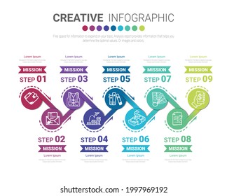 Plantilla de diseño infográfico con 9 opciones, Puede utilizarse para el diagrama de procesos, presentaciones, diseño de flujo de trabajo, banner, diagrama de flujo, gráfico de información.