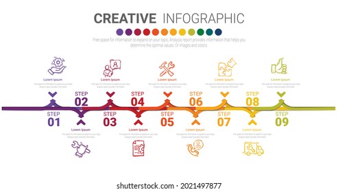Infographic design template with 9 options, Can be used for process diagram, presentations, workflow layout, banner, flow chart, info graph.