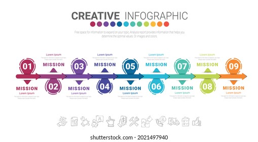 Infographic design template with 9 options, Can be used for process diagram, presentations, workflow layout, banner, flow chart, info graph.