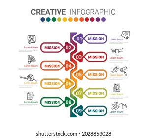 Infografische Design-Vorlage mit 9 Optionen, Kann für Prozessdiagramm, Präsentationen, Workflow-Layout, Banner, Flussdiagramm, Infografik verwendet werden.