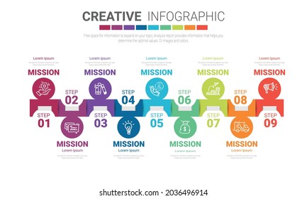 Infographic design template with 9 options, Can be used for process diagram, presentations, workflow layout, banner, flow chart, info graph.