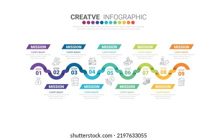 Plantilla de diseño infográfico con 9 opciones, Puede utilizarse para el diagrama de procesos, presentaciones, diseño de flujo de trabajo, banner, diagrama de flujo, gráfico de información.
