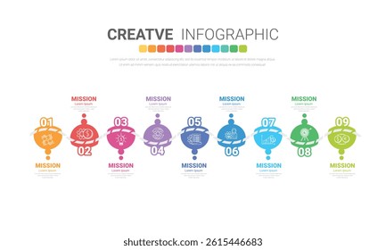 Infographic design template with 9 options, Can be used for process diagram, presentations, workflow layout, banner, flow chart, info graph. EPS Vector.