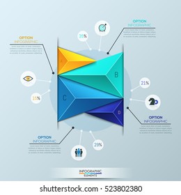 Infographic design template: bar chart with 4 multicolored triangular elements and text boxes. Company's expenses percentage visualization. Vector illustration for corporate presentation, brochure.