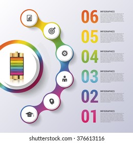 Infographic design template. Battery concept. Colorful circle with icons. Vector illustration.