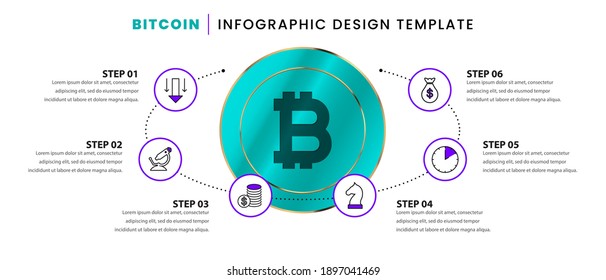 Infographic design template. Bitcoin concept with 6 steps. Can be used for workflow layout, diagram, banner, webdesign. Vector illustration