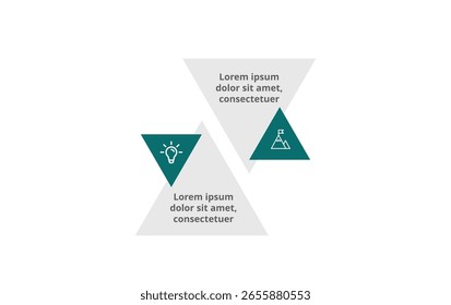 Plantilla de diseño de infografía para empresas con 2 pasos secuenciales que destacan el flujo de trabajo, la línea de tiempo, la estrategia, la planificación, el marketing y el diseño de presentaciones.