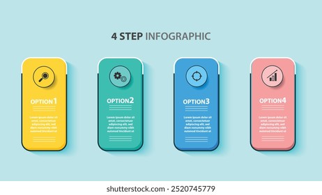 Modelo de design de infográfico para empresas com ícones e 4 opções ou etapas. Ideal para diagramas de processo, apresentações, layouts de fluxo de trabalho, banners, fluxogramas e gráficos informativos. 3D
