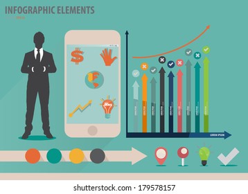 Infographic design template - businessman showing touchscreen device with colorful infographics paper template, vector illustration