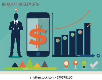 Infographic design template - businessman showing touchscreen device with colorful infographics paper template, vector illustration