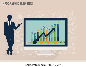 Infographic design template - Businessman showing modern computer with business icons and signs, vector illustration