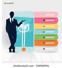 Infographic design template. Businessman showing touchscreen device with colorful infographics paper template, vector illustration.