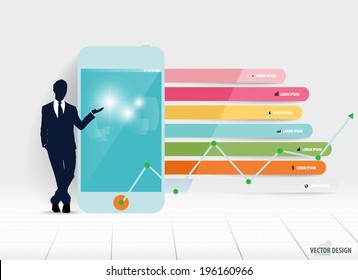 Infographic design template. Businessman showing touchscreen device with colorful infographics paper template, vector illustration.