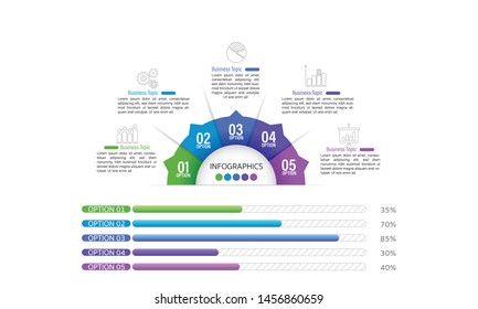 Infographic design template can be used for workflow layout, diagram, number options, web design. Infographic business concept with 5 option, parts, steps or processes. Abstract background.