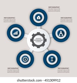 Infographic design template can be used for workflow layout, diagram, number options, web design. Business concept with 5 options, parts, steps or processes. Abstract background. 