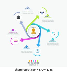 Infographic design template - central circular element, 5 multicolored spiral arrows pointing outward, icons and text boxes. Five features of company's product concept. Vector illustration for report.