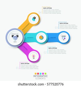 Infographic design template, chain links arranged in shape of left pointing arrow, 5 round elements with pictograms and text boxes. Vector illustration for website, brochure, presentation, report.