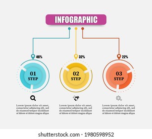 Infografik Design Template Kreis mit 3 Schritten, Optionen, Marketing-Symbole. Business-Infografik-Vorlage mit drei Elementen. Verwenden Sie die Zeitleiste für Workflow-Diagramm, Jahresbericht, Präsentationen, Web-Design.