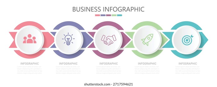 Modelo de design infográfico. Conjunto de infográficos de diagrama de círculo com setas. Projeto de Infográfico de Vetor com ícones e 5 opções ou etapas. Infográficos para o conceito de negócios.