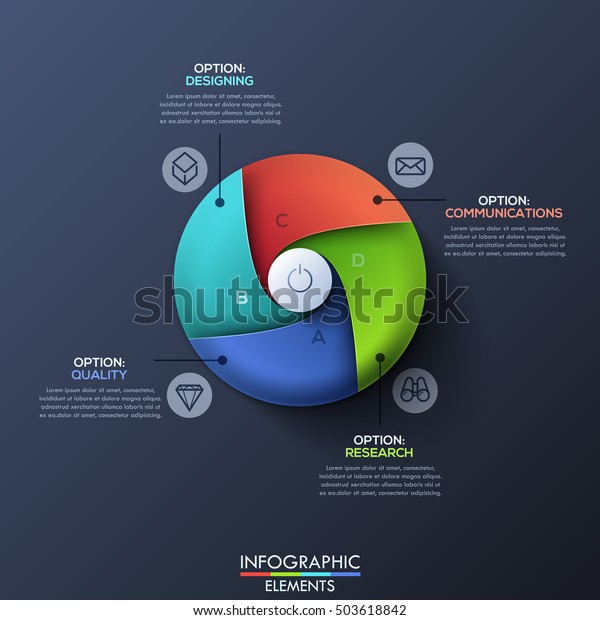 Infographic design template. Circle divided by 6\
lettered spiral sectors and start button in center. Business\
development process and goal setting concept. Vector illustration\
for website,\
report.