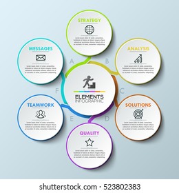 Infographic design template: circular chart with 6 multicolored lettered elements connected with center. Characteristics of business process. Vector illustration for corporate presentation, website.