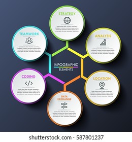 Infographic design template, circular chart with 6 multicolored lettered elements connected with center. Characteristics of business process. Vector illustration for corporate presentation, website.