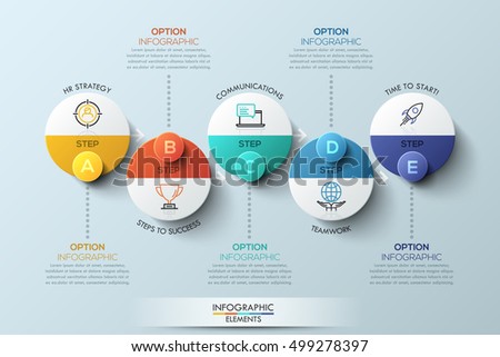 Infographic design template with circular elements, 5 steps to success business concept. Project management and strategy planning visualization. Vector illustration for website, header, presentation.