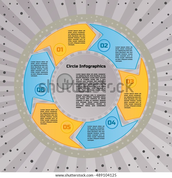 Infographic design template. Circular style of\
infographics for presentation of circular process in your business.\
Circle is divided into six\
steps.
