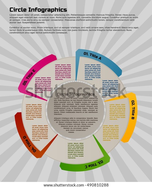 Infographic design template. Circular style of\
infographics for presentation of circular process in your business.\
Circle is divided into five\
steps.
