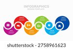 Infographic design template with colorful interconnected circular steps, business icons, and placeholder text on white background. Vector illustration.