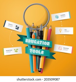 infographic Design template Colorful pencil crayons and pen and magnifier with ribbon, vector illustration. 