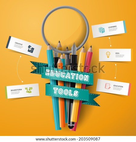 infographic Design template Colorful pencil crayons and pen and magnifier with ribbon, vector illustration. 