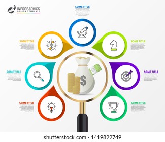 Plantilla de diseño gráfico. Concepto creativo con 7 pasos. Se puede utilizar para diseño de flujo de trabajo, diagrama, banner, diseño web. Ilustración del vector