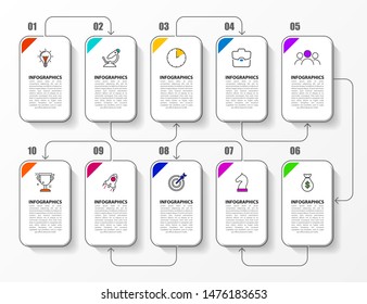 Infographic design template. Creative concept with 10 steps. Can be used for workflow layout, diagram, banner, webdesign. Vector illustration