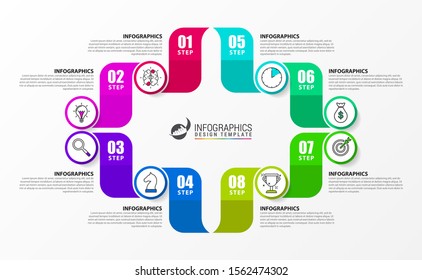 Plantilla de diseño gráfico. Concepto creativo con 8 pasos. Se puede utilizar para diseño de flujo de trabajo, diagrama, banner, diseño web. Ilustración del vector